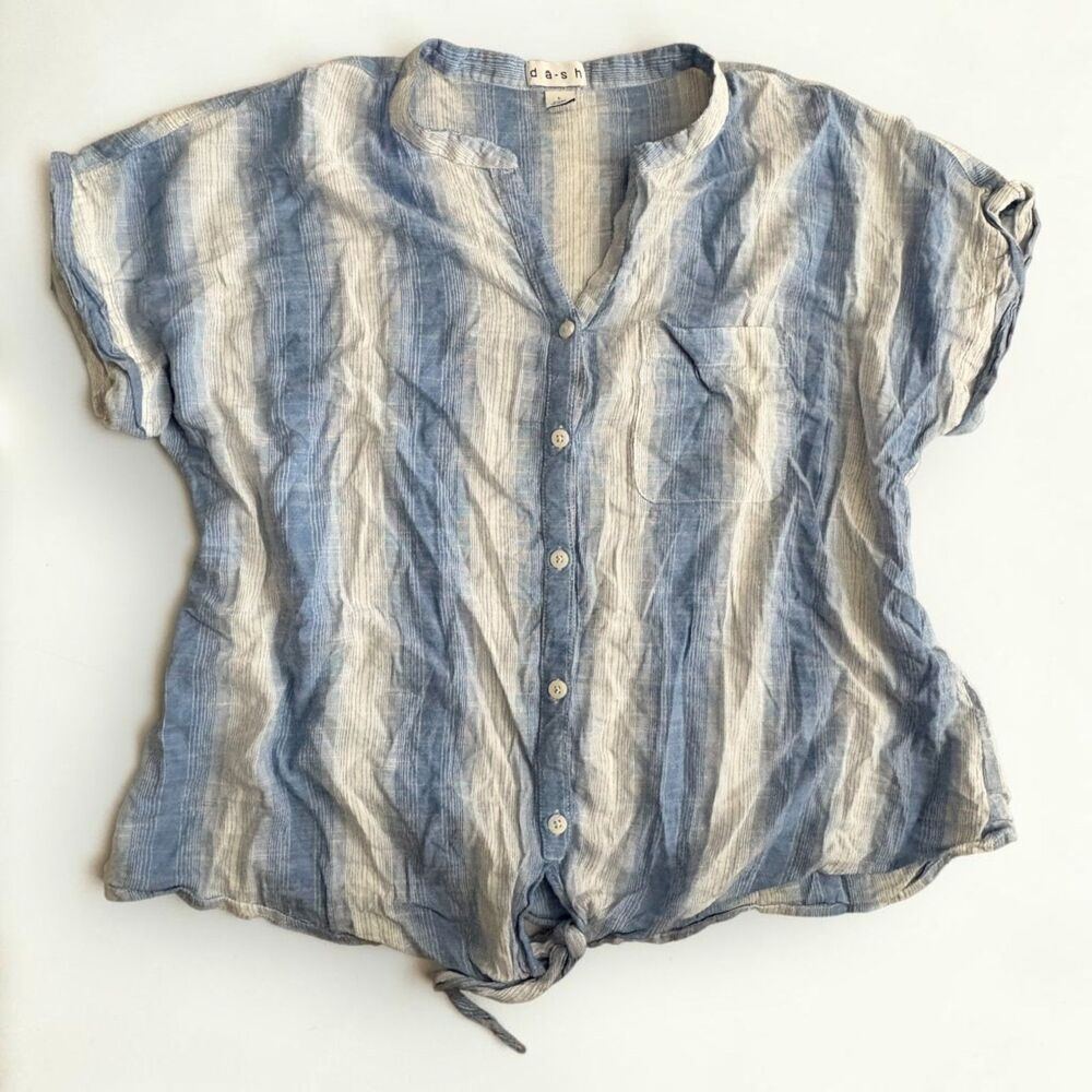 DASH Women's Blue White Striped Button Front Top Short Sleeve Tie Hem Size Large